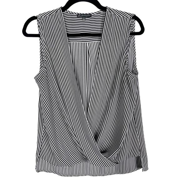 Adrianna Papell M Black White Pencil Striped Surplice Neck Sleeveless Blouse Top - Picture 1 of 7